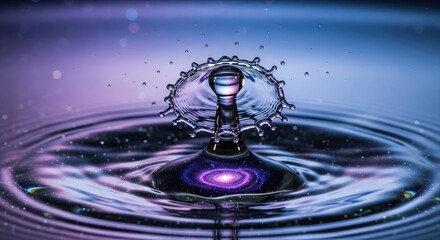 Surreal macro of a water drop splash with a purple galaxy inside
