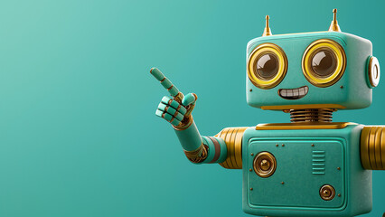 Smiling retro robot pointing a finger, copy space