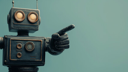 Retro robot pointing a finger, copy space