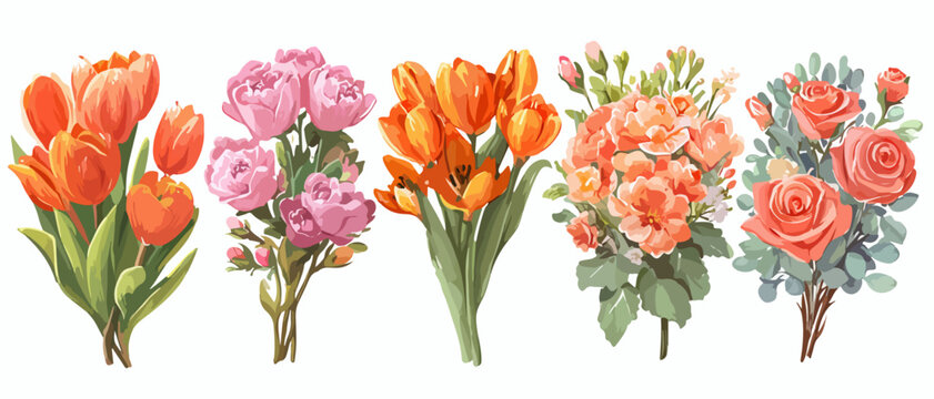 Cinco ramos de flores vibrantes y coloridas, incluyendo tulipanes y rosas, sobre fondo blanco.
