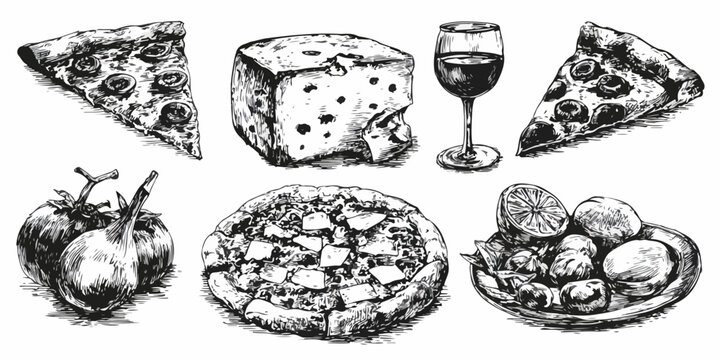 Ilustraci&oacute;n vectorial de comida italiana con pizza, queso, vino y verduras frescas.