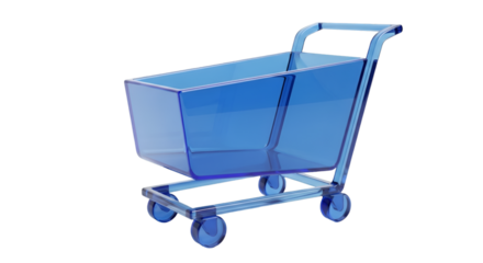 A transparent blue shopping cart isolated on a transparent background, representing online shopping and ecommerce