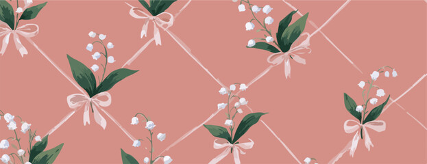Patr&oacute;n floral vectorizado de lirios del valle con delicados lazos rosas sobre fondo melocot&oacute;n.