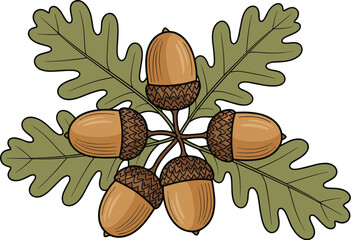 Arrangement of Autumnal Oak Leaves and Acorns Displaying Seasonal Harvest, Providing Natural Beauty for Fall Decor and Thanksgiving Invitations, Representing Nature's Bounty in Warm Brown and Green To