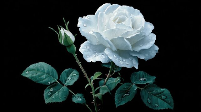 Pristine white rose bloom and bud display water droplets against a deep black background