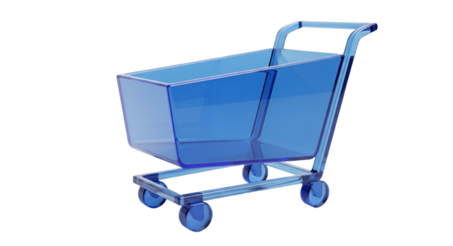 A transparent blue shopping cart isolated on a transparent background, representing online shopping and ecommerce