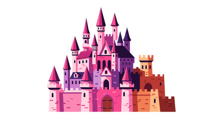 Obraz premium Whimsical Pink Castle Fortress Against White Backdrop, Fantasy Architecture, Enchanted Kingdom Illustration for Children's Storybooks, Fairy Tale Animated Movies, Princess Party Invitations, Digital M