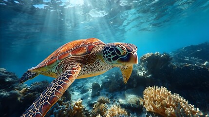 Fototapeta premium Green sea turtle swimming over a coral reef in warm Pacific waters.