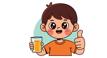 Joyful Cartoon Boy with Juice Giving Thumbs Up, Healthy Lifestyle Choice, Happy Child Enjoying Nutritious Drink, Wellness Concept, Education, Kids Illustration, Positive Attitude, Cartoon Style, Brigh
