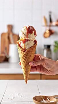 Mano sosteniendo cono de helado con salsa de frutilla derriti&eacute;ndose lentamente bajo luz natural c&aacute;lida