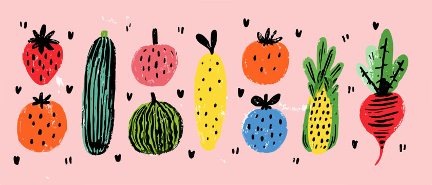 Esta ilustraci&oacute;n vectorial presenta una alegre colecci&oacute;n de frutas y verduras frescas con un estilo dibujado a mano, ideal para dise&ntilde;os infantiles y saludables.