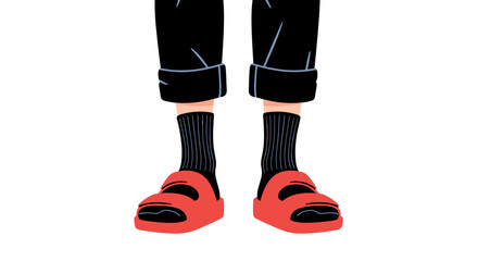 Standing Wearing Black Socks & Red Sandals in Casual Fashion Style Isolated on White, Illustrating Relaxed Lifestyle Concept & Individuality for Advertising & Presentation Use in Modern Design Setting
