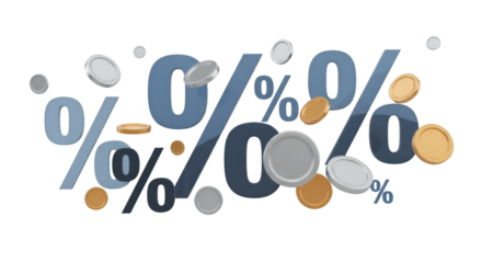 Percentage symbols and coins isolated on transparent background, representing financial concepts and discounts