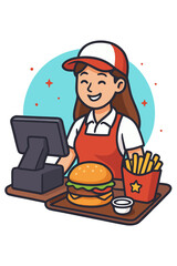A smiling female fast-food worker serving a burger and fries at a counter.