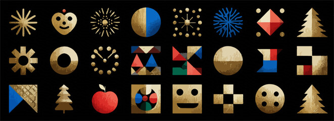 Una vibrante colección de iconos vectoriales dorados y coloridos, presentando formas geométricas y símbolos abstractos para diseño gráfico moderno.