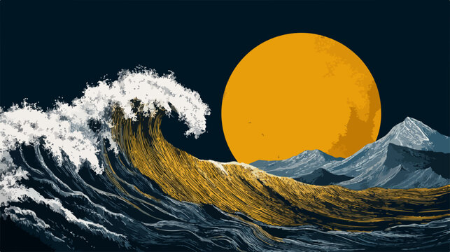 Una ilustraci&oacute;n vectorial estilizada captura la majestuosidad de una ola oce&aacute;nica gigante rompiendo bajo un sol o luna radiante, con monta&ntilde;as distantes.