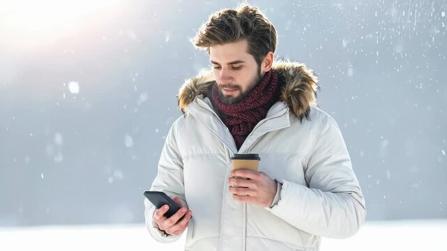 Hombre joven abrigado con bufanda roja mirando hacia abajo mientras cae nieve ligera en entorno urbano