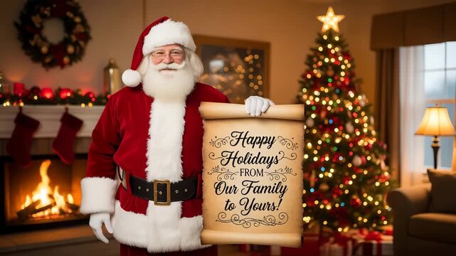 Santa Claus waves hello, holding Happy Holidays scroll with Christmas tree glowing in background for festive holiday cheer video clip