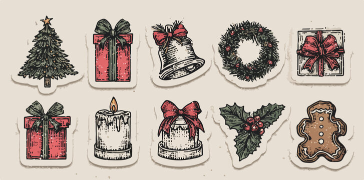 Conjunto de pegatinas vectoriales vintage con elementos cl&aacute;sicos de Navidad como &aacute;rboles, regalos, campanas y coronas, perfectos para dise&ntilde;os festivos y tradicionales.