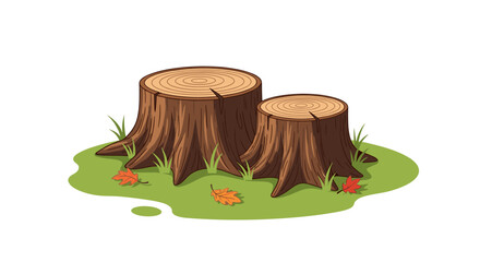 Cartoon Tree Stumps in a Forest Glade Illustration: Woodland Scene with Cut Trees on Green Grass for Ecological Awareness, Nature Conservation and Environmental Protection Projects and Educational Pre