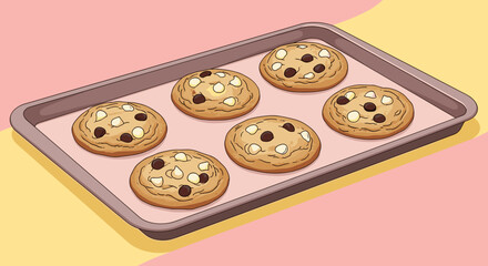 Six Fresh Baked Cookies on a Baking Sheet Ready to Enjoy for a Sweet Treat at Home, Perfect for Dessert or Snack, Ideal for Family Gatherings and Celebrations, Delicious Food Illustration in Warm Colo