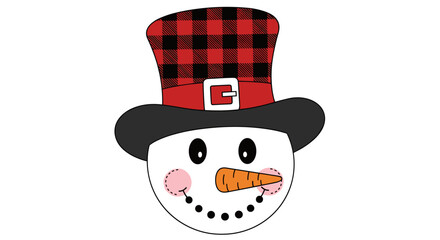 Festive Snowman Face with Plaid Hat Smiling Cheerfully, Winter Holiday Celebration, Cute and Playful Cartoon Character for Christmas Greetings, Festive Designs, and Seasonal Decoration Projects. Graph