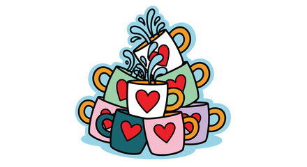 Stack of Colorful Heart Mugs Overflowing with Beverage for Valentine's Day Celebration, Illustrative Style with Drips and Splashes for Holiday Cheer, Love, and Warmth in a Playful and Creative Composi