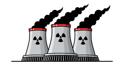 Cartoon Nuclear Power Plant Emitting Dark Smoke, Symbolizing Pollution & Environmental Concerns on a White Background, Conceptual Illustration for Energy Crisis, Global Warming Presentation & Anti-Nuc