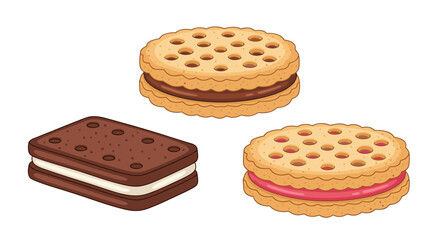 Delicious Sandwich Cookies Assortment on White Background for Bakery Themed Designs and Sweet Treats Projects, Featuring Chocolate, Vanilla, and Strawberry Cream Filling Flavors, Perfect for Menu Illu