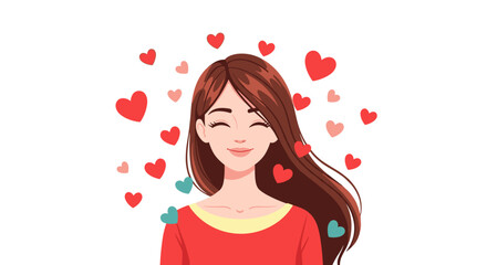 Smiling Brunette Woman Surrounded by Hearts Illustration, Expressing Love and Happiness on White Background, Romantic Gesture for Valentines Day,  Celebration of Relationships, Representing Modern Lif