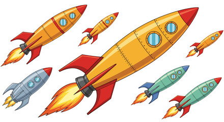 Whimsical Rocket Ships Launching into a Bright Future: Colorful Spacecraft Soaring, Representing Innovation and Progress in a Technology-Driven World, Ideal for Educational Material, Children's Books,