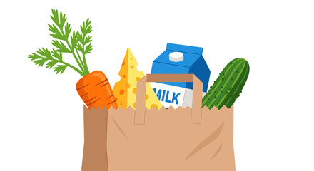Groceries Overflowing from a Brown Paper Bag after Shopping Trip, Fresh Vegetables Carrot and Cucumber, Milk Carton, and Cheese Wedge, Food Items in Illustration Style,  Healthy Eating Promotion, Mode