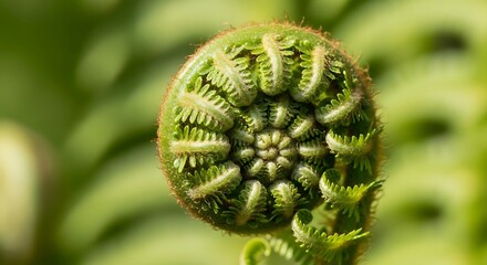 Close-up of a spiral fern frond beginning to unfurl in vibrant light