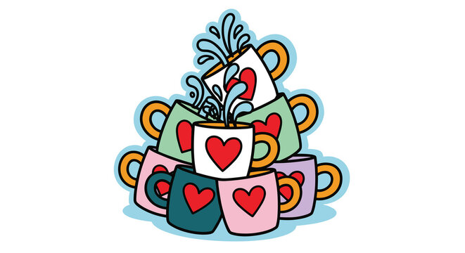Stack of Colorful Heart Mugs Overflowing with Beverage for Valentine's Day Celebration, Illustrative Style with Drips and Splashes for Holiday Cheer, Love, and Warmth in a Playful and Creative Composi - Powered by Adobe