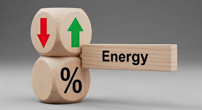 Wooden blocks with arrows and percentage sign representing energy dynamics