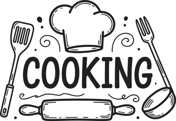 Hand drawn sketch of cooking utensils and chef hat with the word cooking