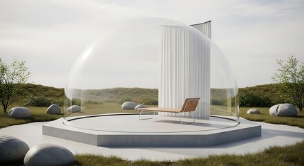 Futuristic pod retreat with lounger, nature immersion and minimalist design