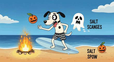 Bizarre Summerween Cartoon Dog Surfing Illustration
