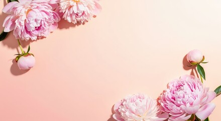 Pink peony flower corner frame on a light peach background