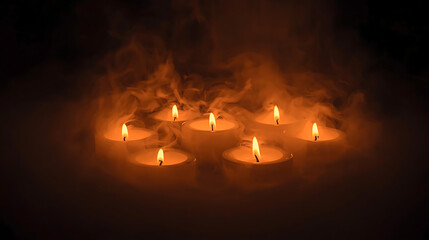 Group of burning candles glowing through thick fog, soft orange light and dark surroundings.