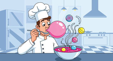 Cartoon Chef Blowing Giant Bubble While Tasting Sweet Mix