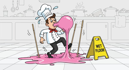 Cartoon Chef Stuck in Giant Bubblegum Spill Wet Floor