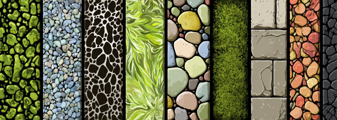 Un conjunto de texturas vectoriales ilustradas que representan diferentes elementos naturales y materiales de construcción en diseño gráfico.