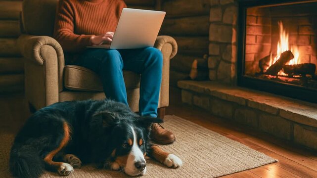 Man using laptop at home near fireplace with dog resting on rug