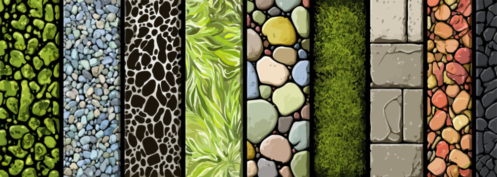 Un conjunto de texturas vectoriales ilustradas que representan diferentes elementos naturales y materiales de construcci&oacute;n en dise&ntilde;o gr&aacute;fico.
