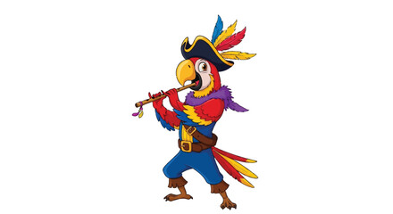 Cartoon Pirate Parrot Playing Flute on White Background