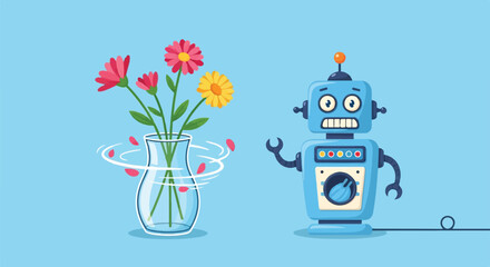 Cartoon Robot Disrupts Flowers With Surprised Expression
