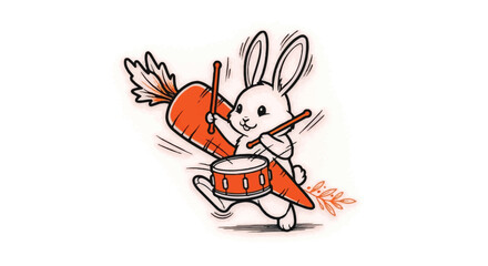 Cartoon Rabbit Drummer Running With Big Orange Carrot Art