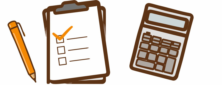 Ilustraci&oacute;n vectorial de un portapapeles con lista de verificaci&oacute;n, calculadora y bol&iacute;grafo naranja sobre fondo blanco.