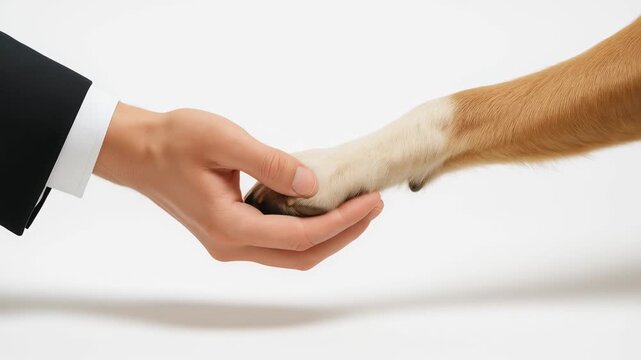 Human hand holding dog paw in white background symbolizing trust and friendship